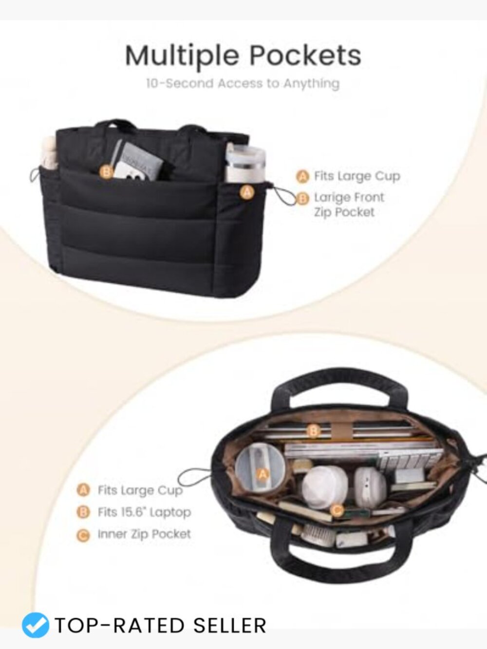 Tote Bag for Women with Giant Tumbler Holder Pocket Puffer Work Travel Laptop - Picture 3 of 7